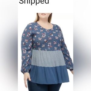 Belle du Jour Plus Size Long Sleeve Mixed Print Tiered Top 3X